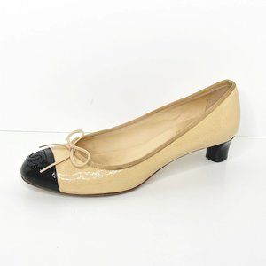 Chanel Sz 39.5/US 9.5 Ballerina Pumps Cap Toe Tan & Black Round Low Heel Patent